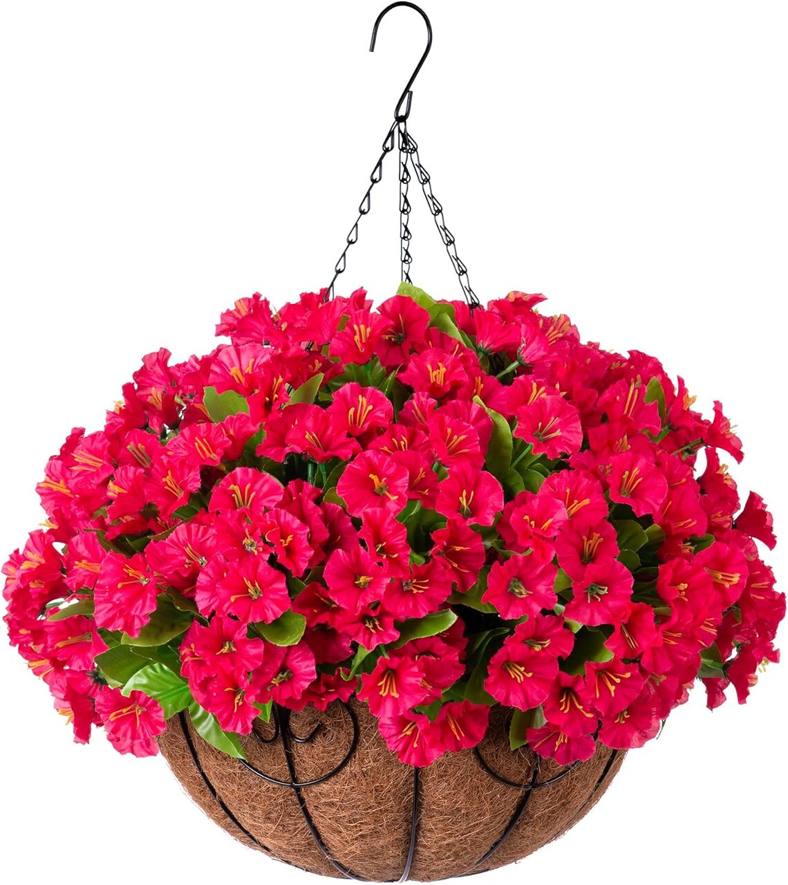 Artificial Hanging Flower Basket – Faux Petunias & Morning Glory, Outdoor Fake Hanging Plants for Patio, Garden, Porch, Balcony & Yard Decor (Rose Red)